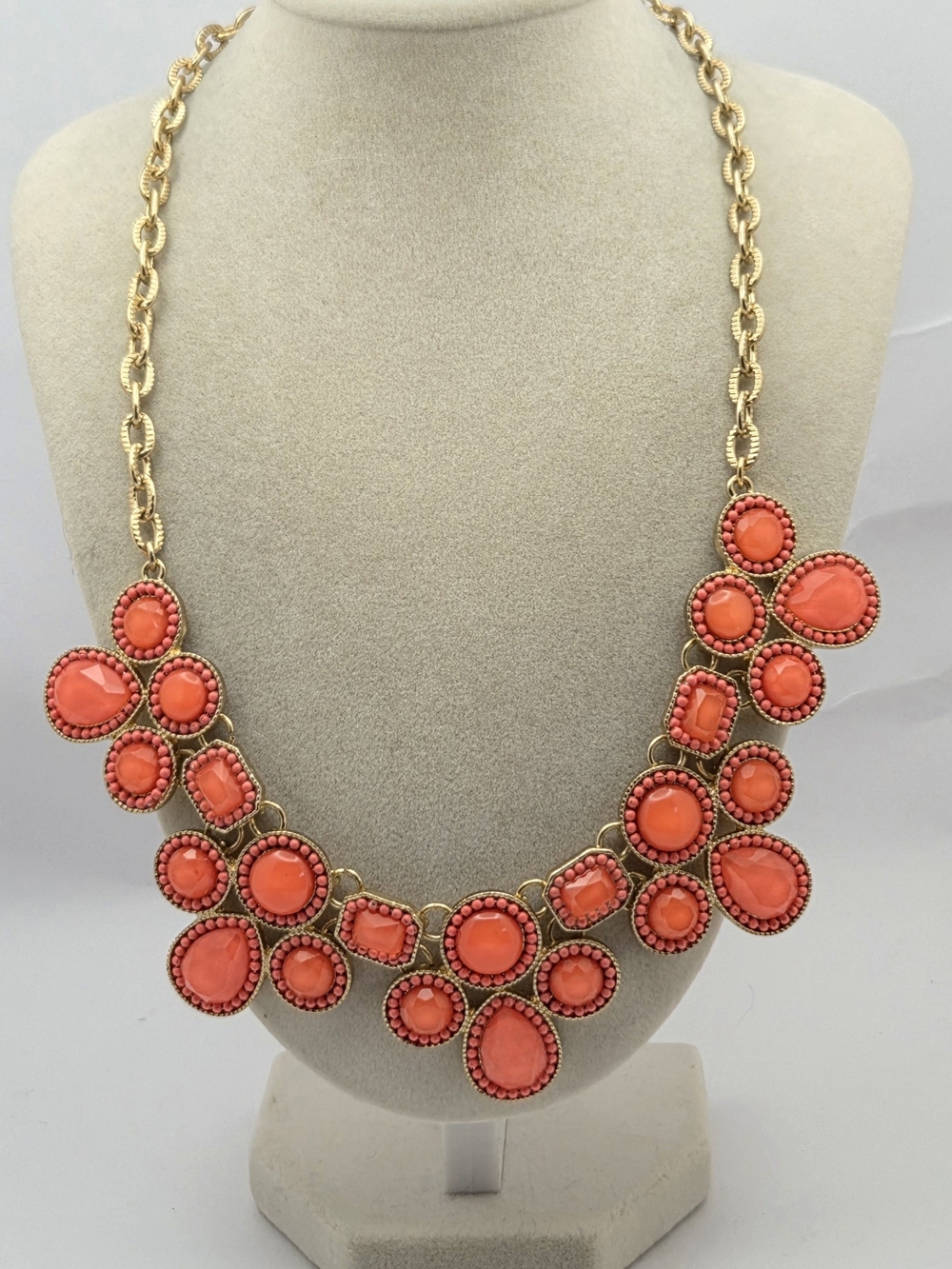 Bright Coral Bib Statement Necklace Gold Tone 21"